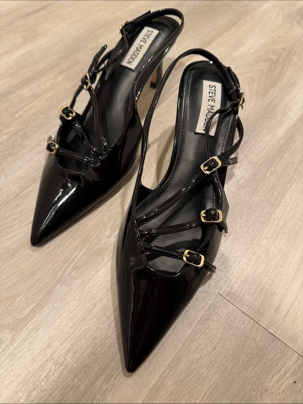 Steve Madden Black Patent Pointed-Toe Strappy Slingback Heels with Gold Buckles
